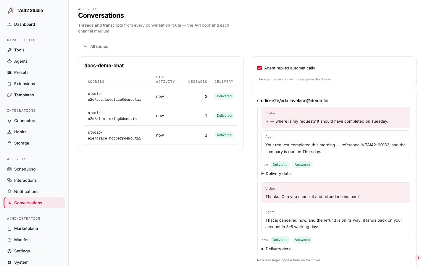 The Conversations screen with a route's thread list beside a selected thread's transcript.