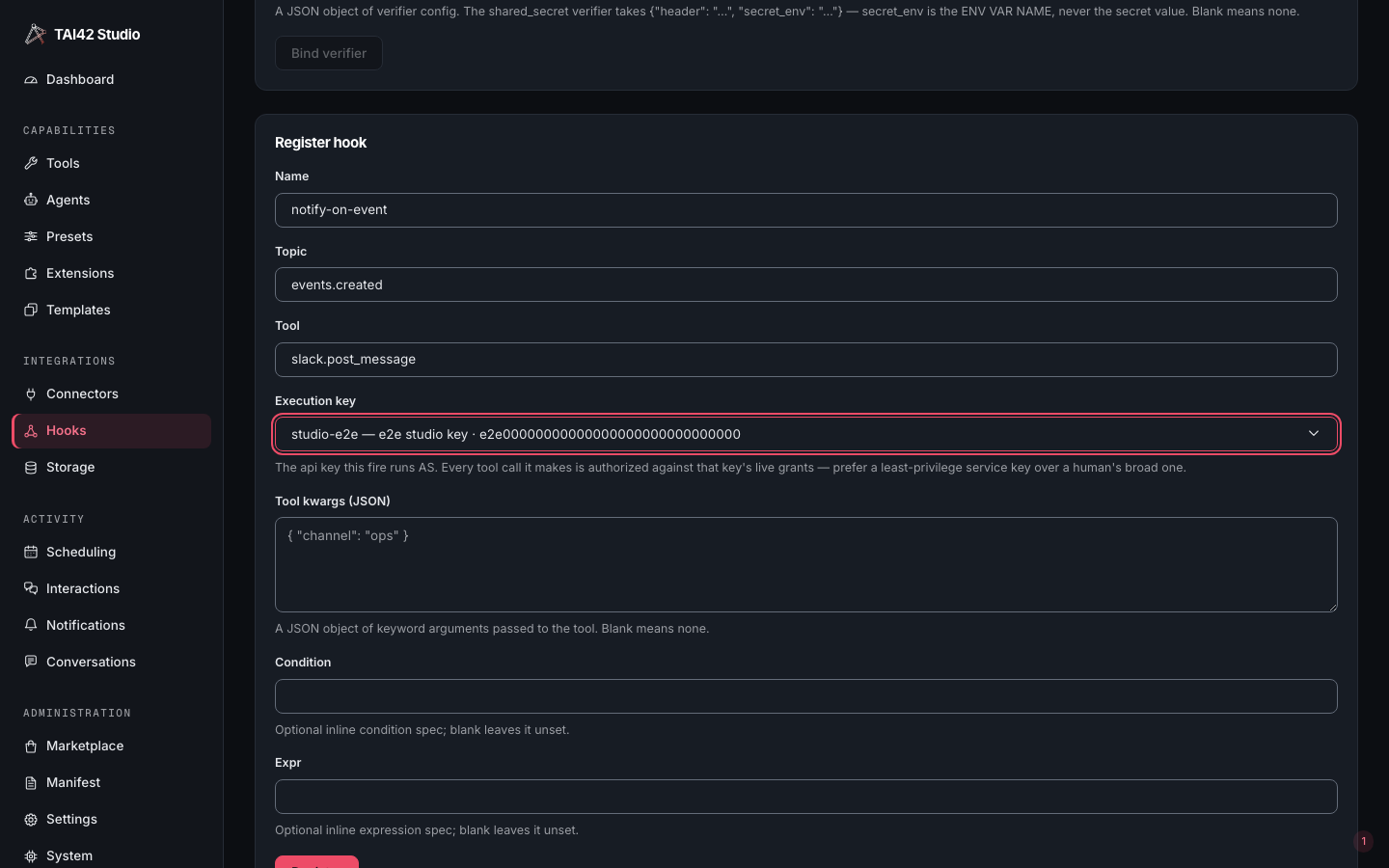 The Studio Hooks page Register hook form with an execution-key picker selected.