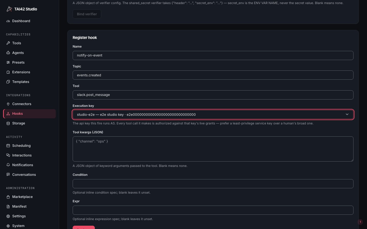 The Studio Hooks page Register hook form with an execution-key picker selected.