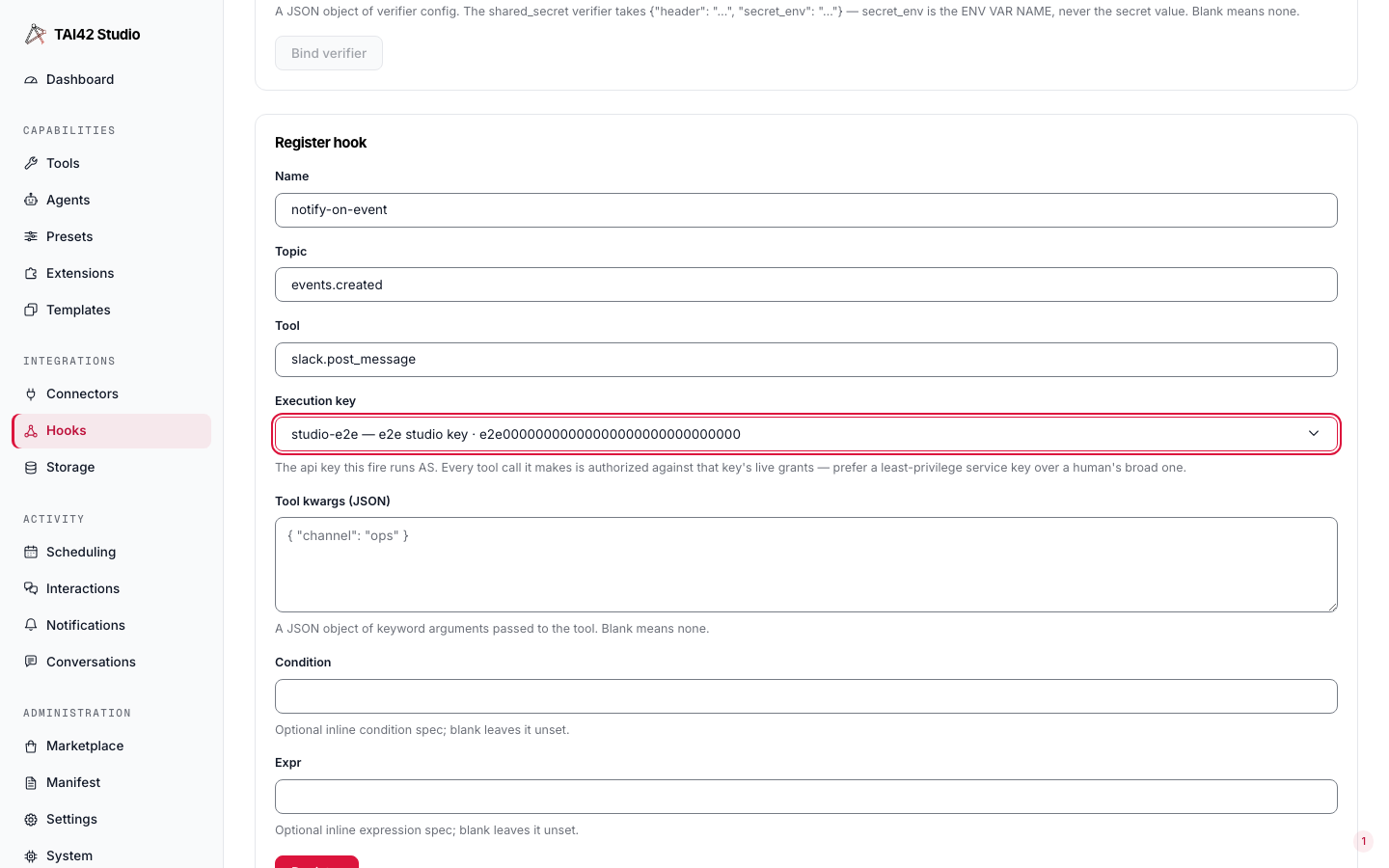 The Studio Hooks page Register hook form with an execution-key picker selected.