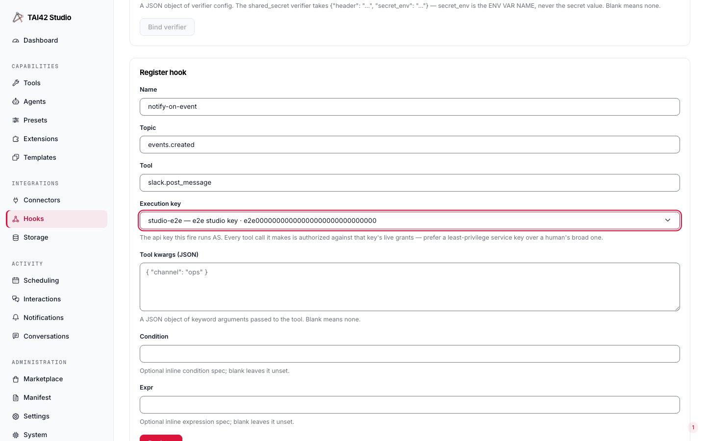 The Studio Hooks page Register hook form with an execution-key picker selected.