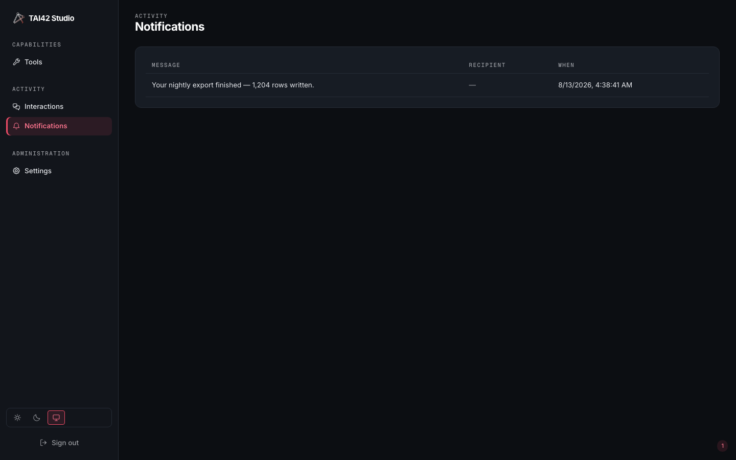 The Notifications inbox under an owned key, showing only the notifications addressed to this identity.