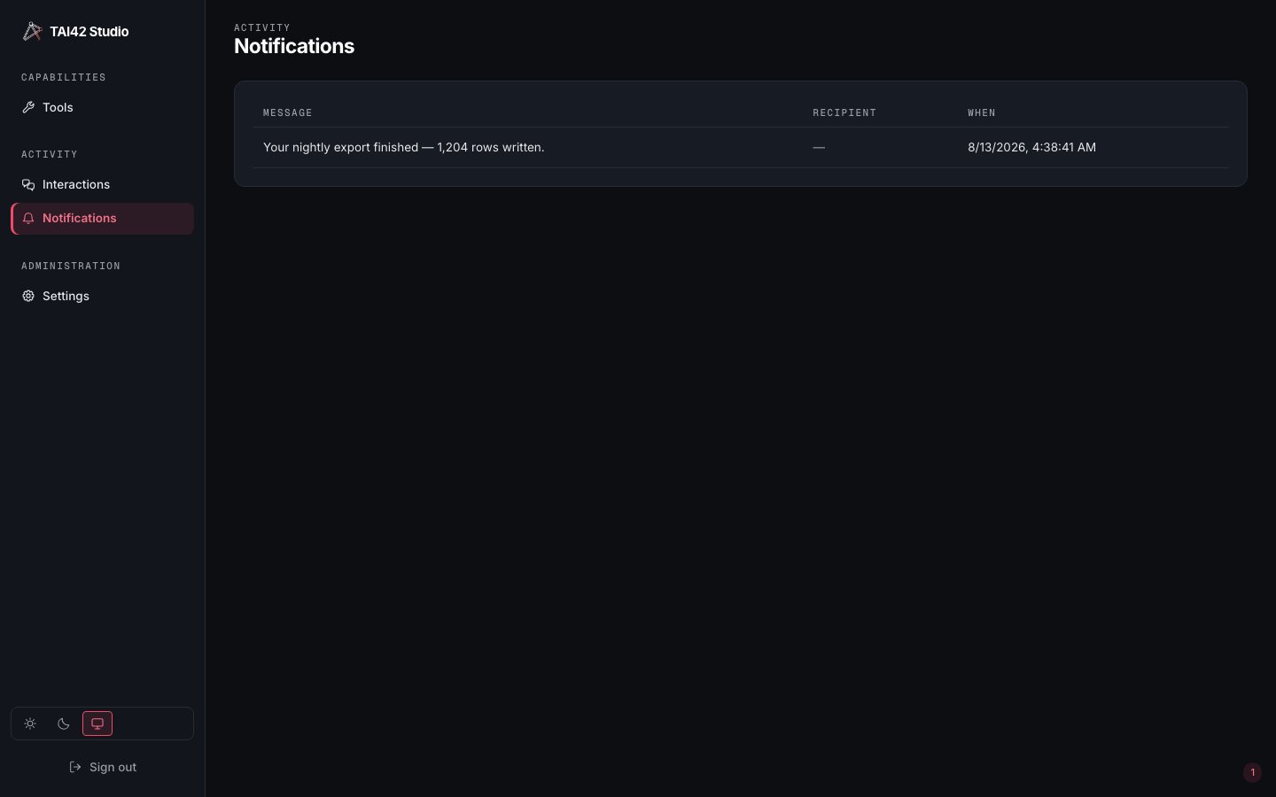 The Notifications inbox under an owned key, showing only the notifications addressed to this identity.