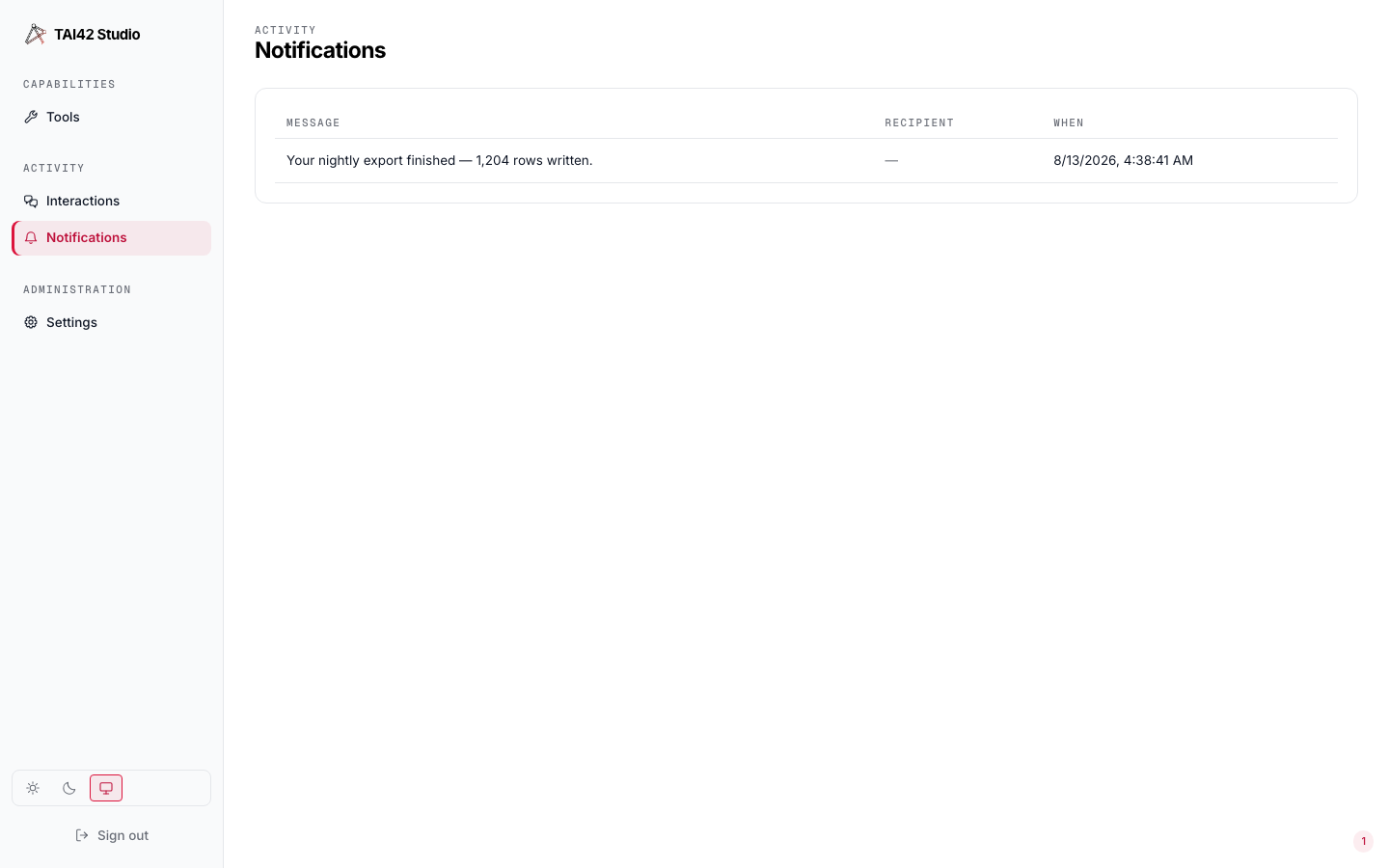The Notifications inbox under an owned key, showing only the notifications addressed to this identity.