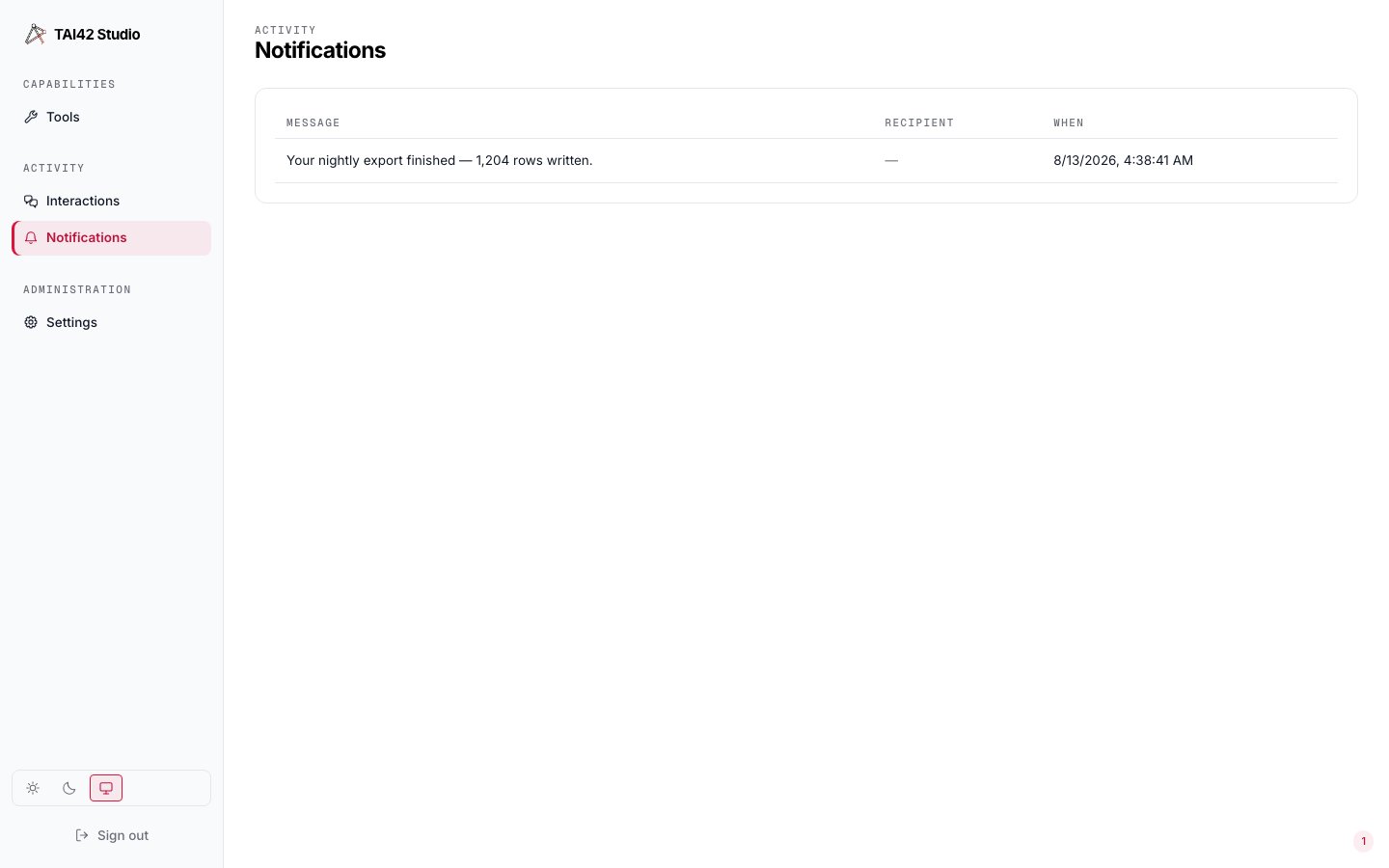 The Notifications inbox under an owned key, showing only the notifications addressed to this identity.