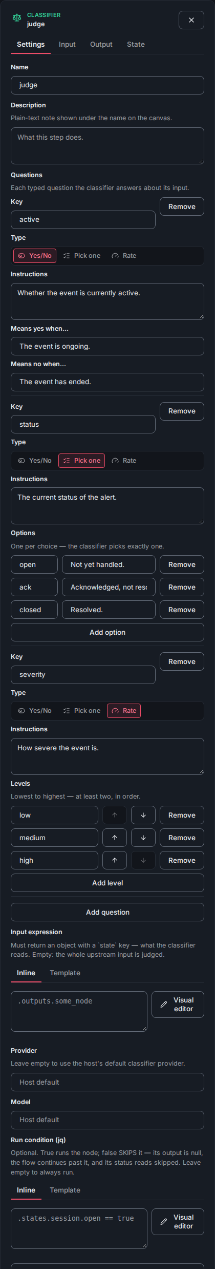 The Classifier Settings form with the questions table, input expression and model fields.