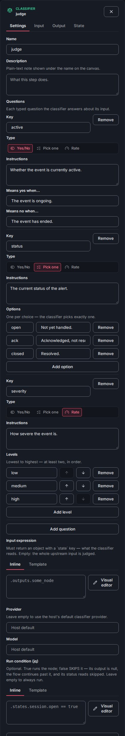 The Classifier Settings form with the questions table, input expression and model fields.
