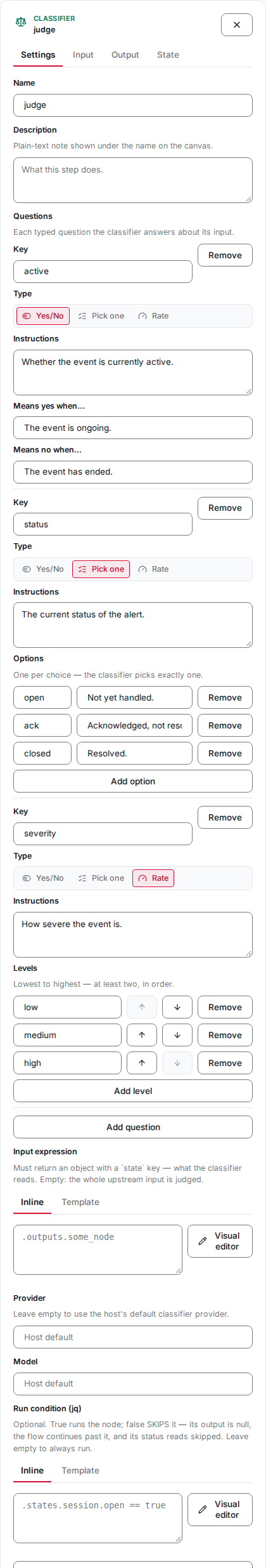 The Classifier Settings form with the questions table, input expression and model fields.