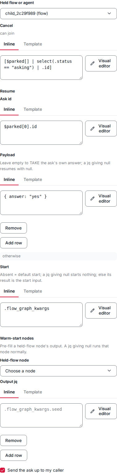 The holder node's edit panel: the Cancel, Resume and Start expressions and the send-up switch.