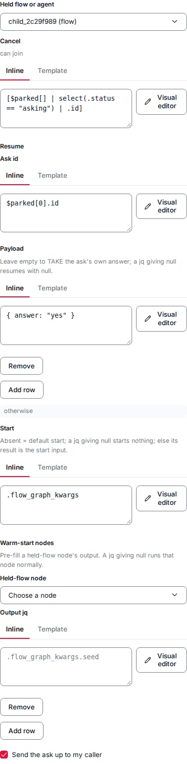 The holder node's edit panel: the Cancel, Resume and Start expressions and the send-up switch.
