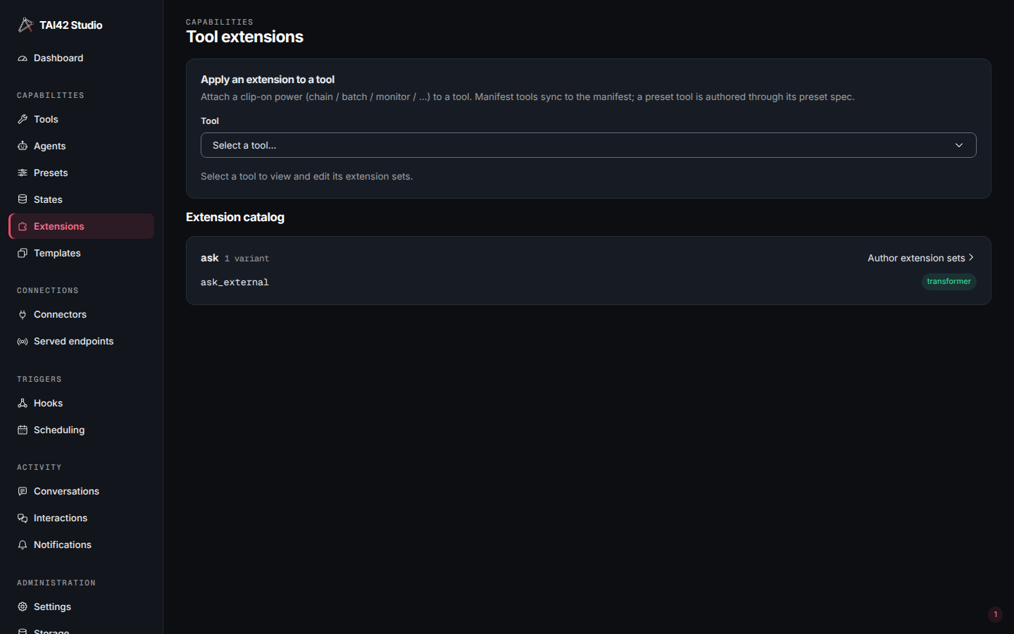 The Tool extensions screen with a tool picker for applying an extension above a catalog listing the ask variant.