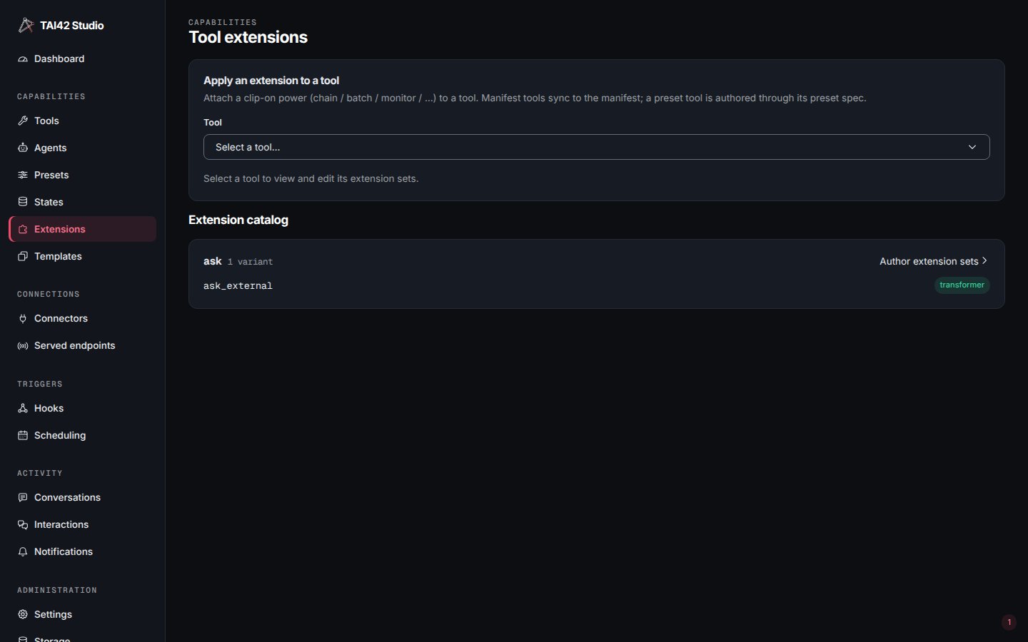 The Tool extensions screen with a tool picker for applying an extension above a catalog listing the ask variant.