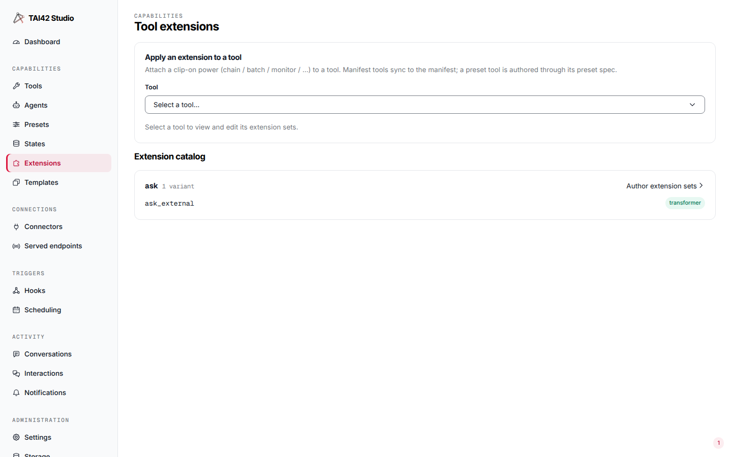 The Tool extensions screen with a tool picker for applying an extension above a catalog listing the ask variant.