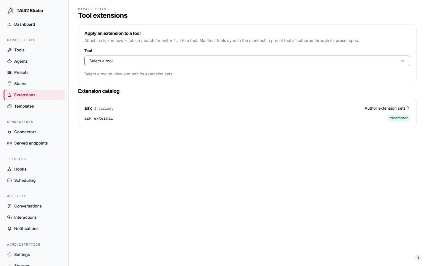 The Tool extensions screen with a tool picker for applying an extension above a catalog listing the ask variant.