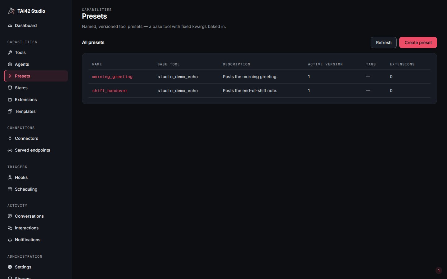 The Presets screen listing presets with their base tool, active version, tags, and extension counts.