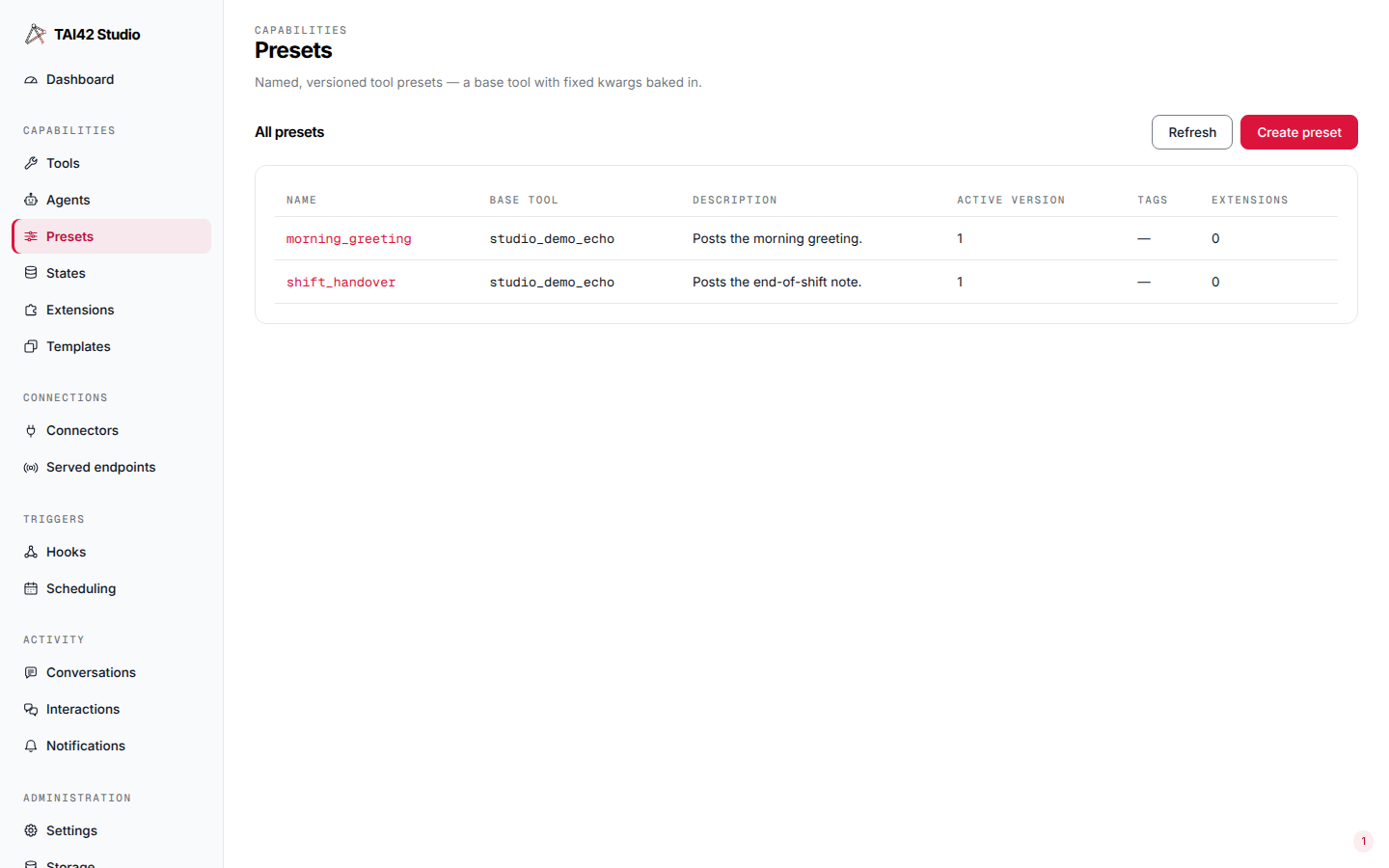 The Presets screen listing presets with their base tool, active version, tags, and extension counts.