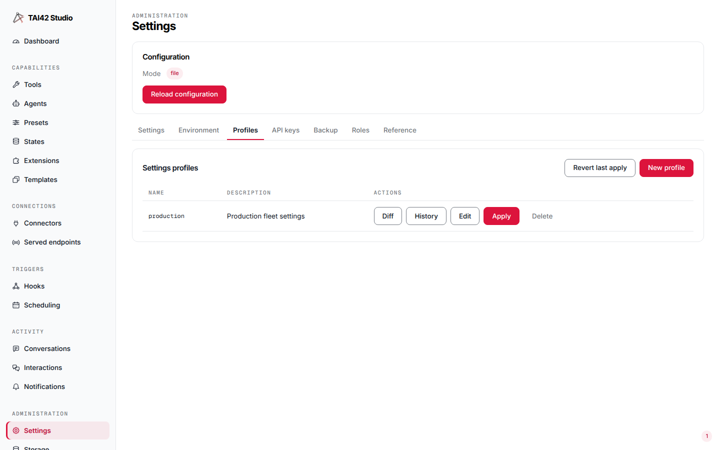 The Studio Profiles tab showing a saved settings profile whose secret-marked key is masked.