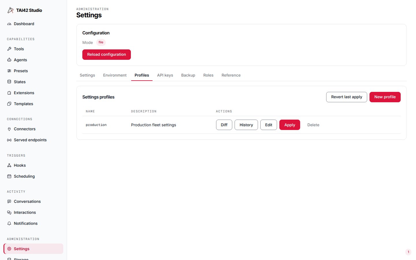 The Studio Profiles tab showing a saved settings profile whose secret-marked key is masked.