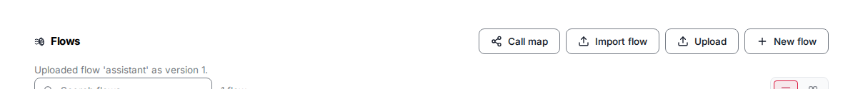 The flows toolbar Upload action reporting the uploaded document's kind and name.