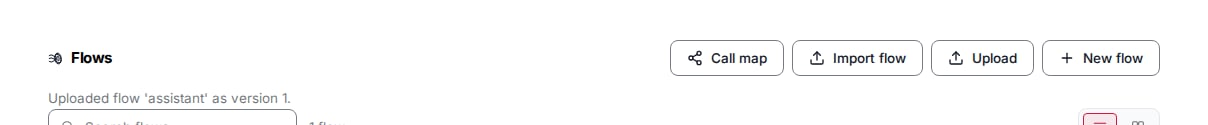 The flows toolbar Upload action reporting the uploaded document's kind and name.