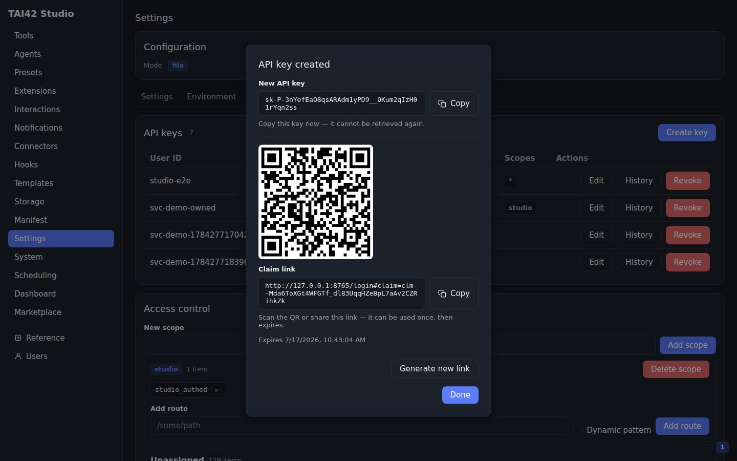 The API-keys create dialog showing a newly minted key and its QR claim-link step.