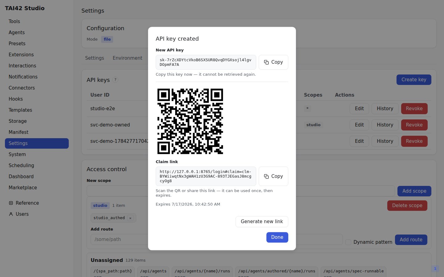 The API-keys create dialog showing a newly minted key and its QR claim-link step.