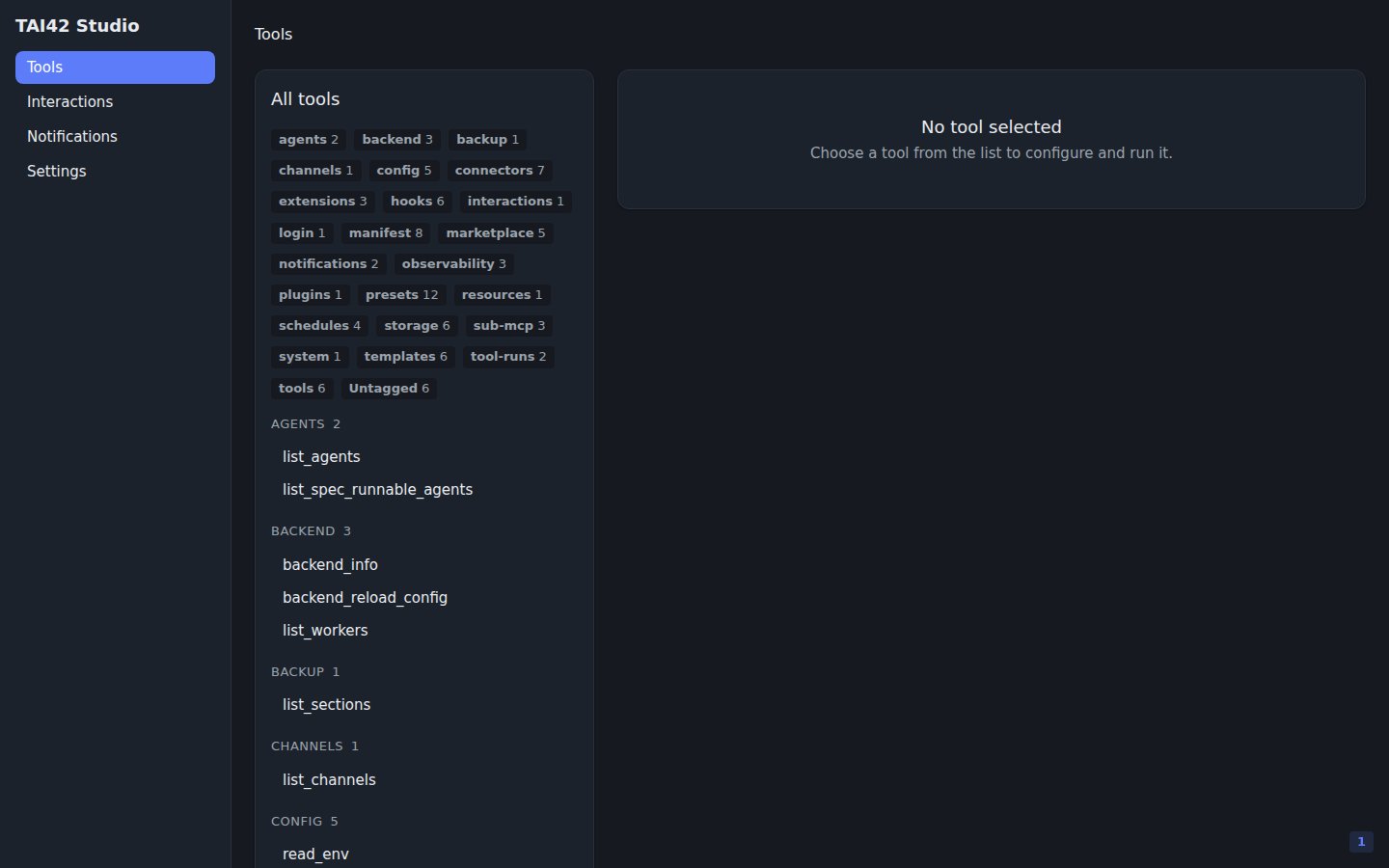 The Tools screen under a capability-scoped owned key, with a trimmed sidebar.