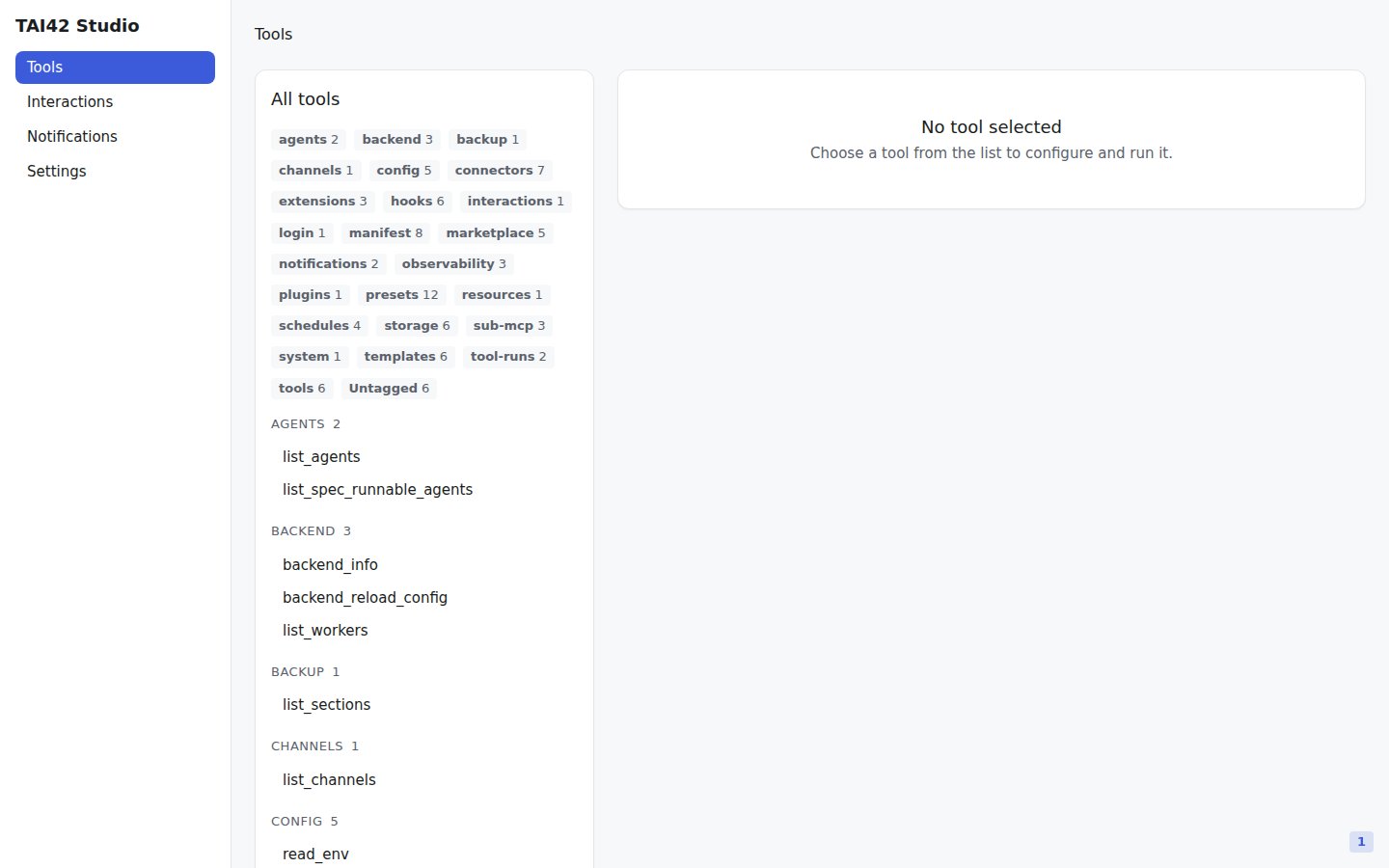 The Tools screen under a capability-scoped owned key, with a trimmed sidebar.