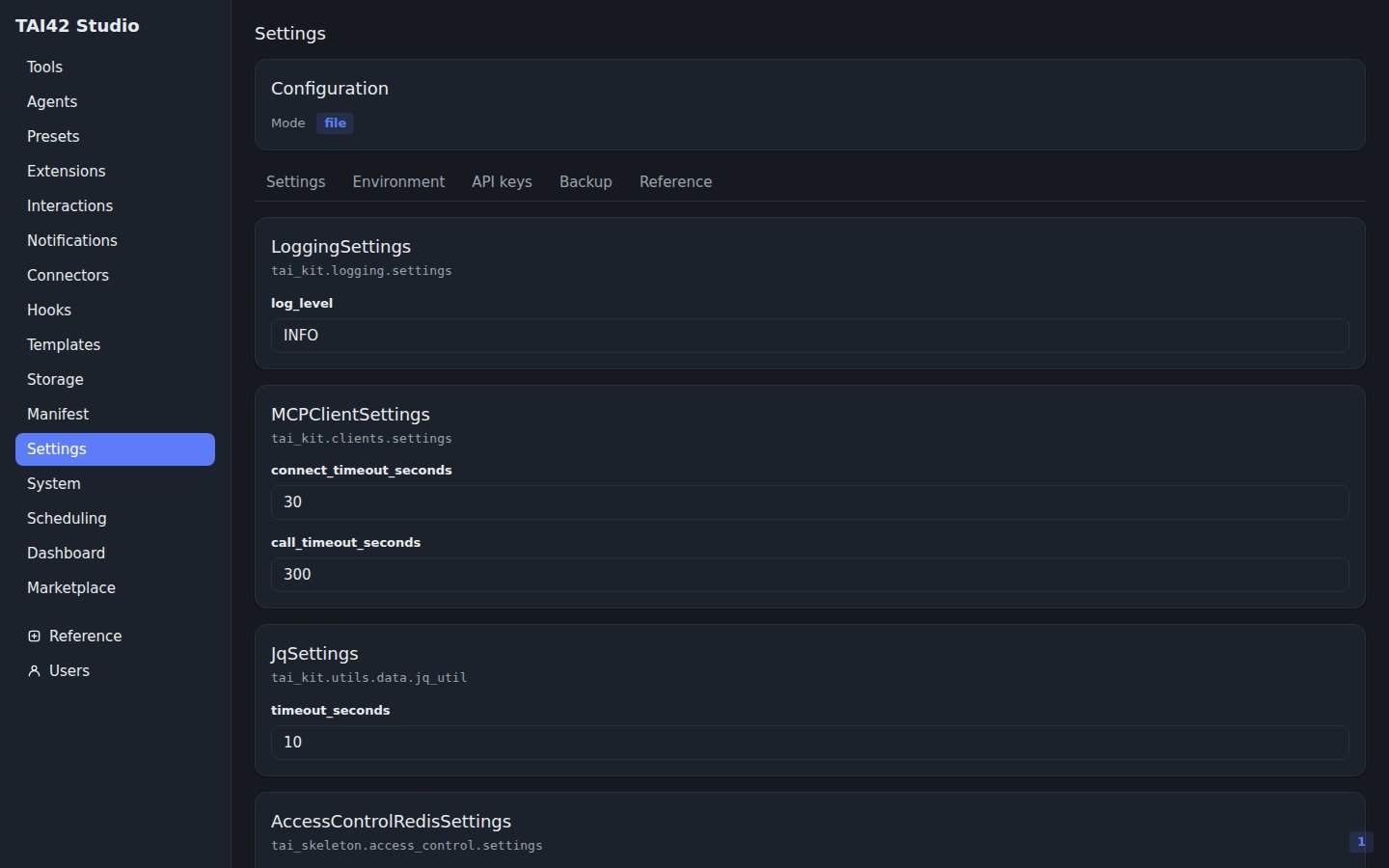 The Settings screen showing the server's configuration schema.