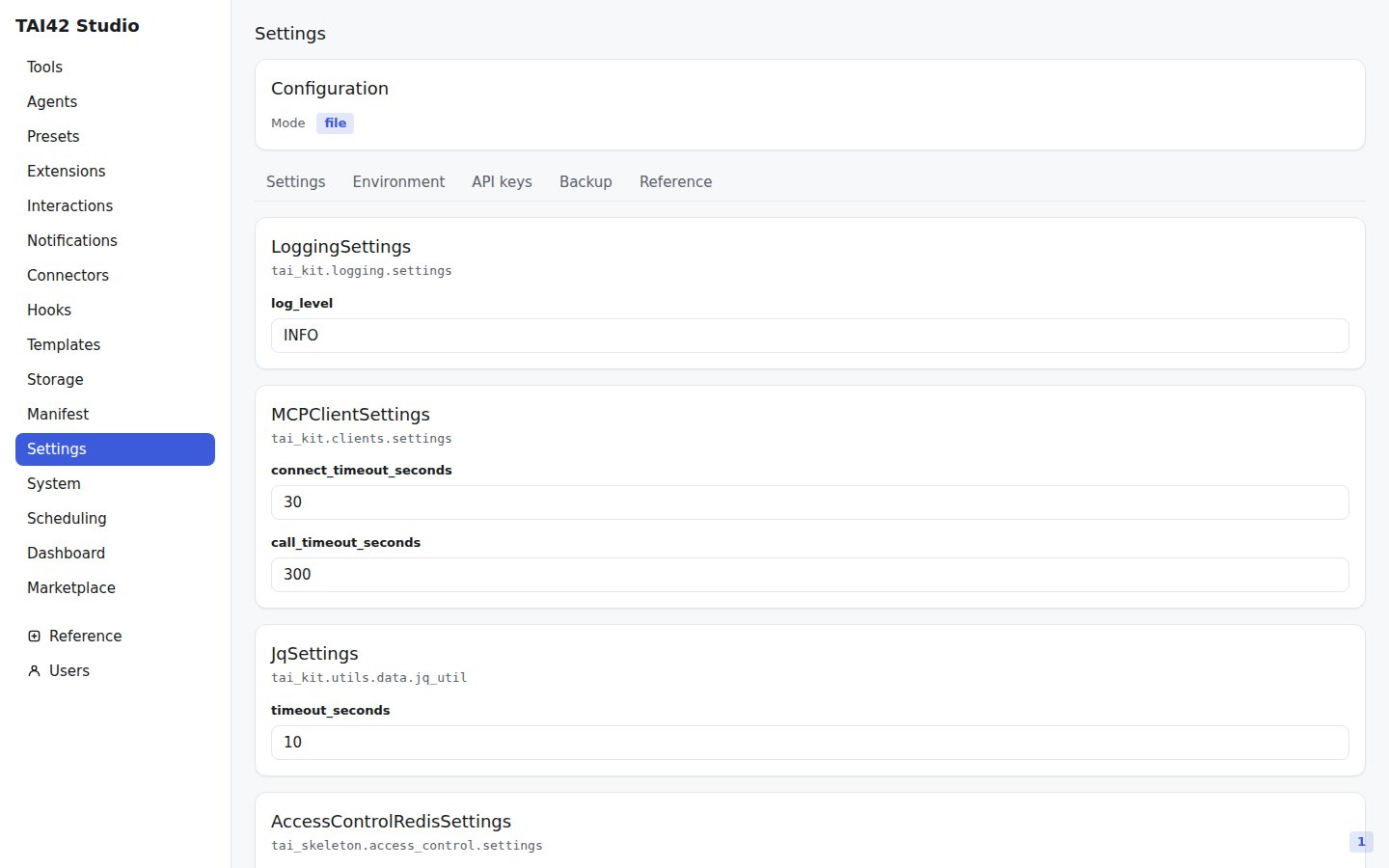 The Settings screen showing the server's configuration schema.
