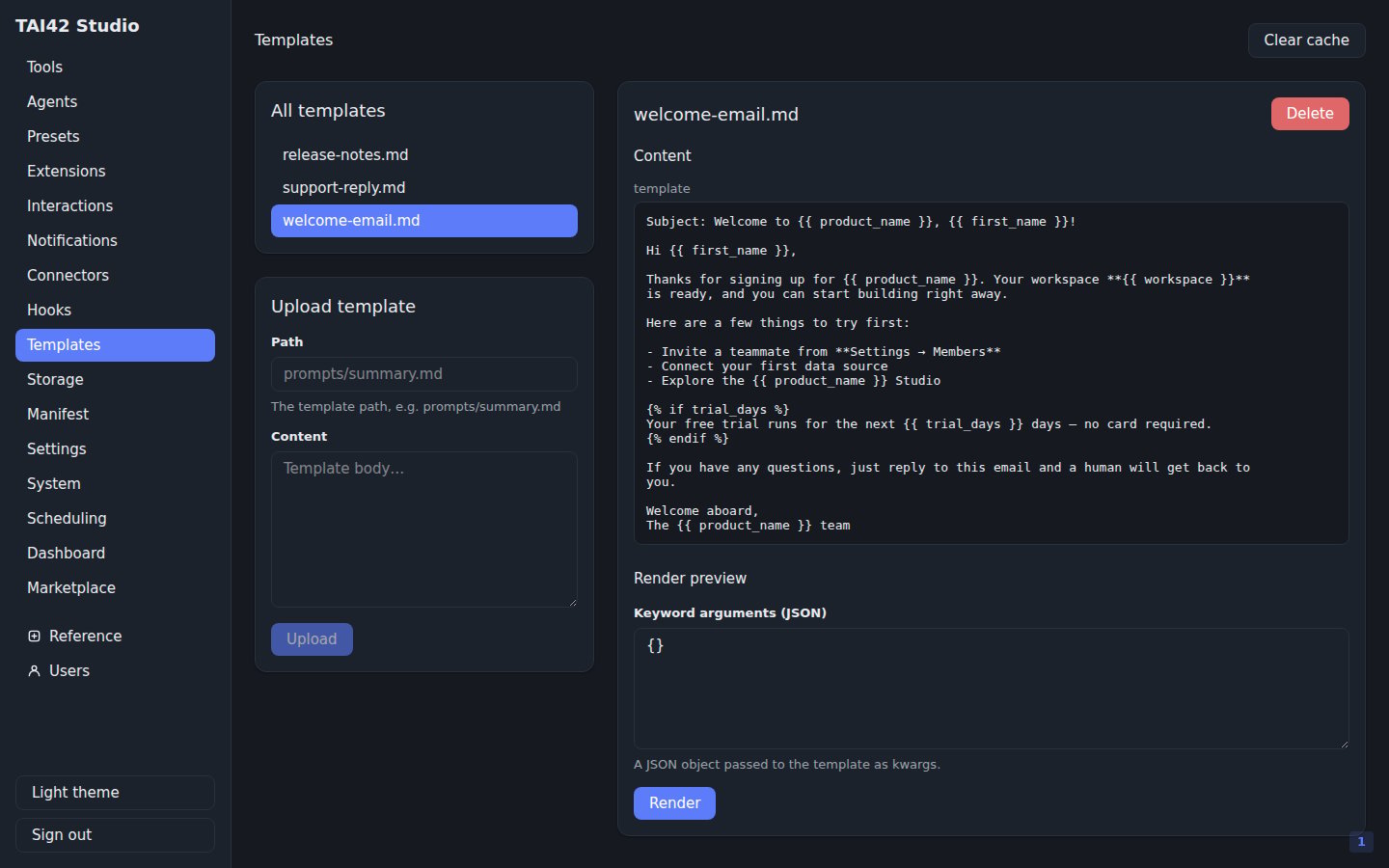 The Templates screen listing stored template resources.