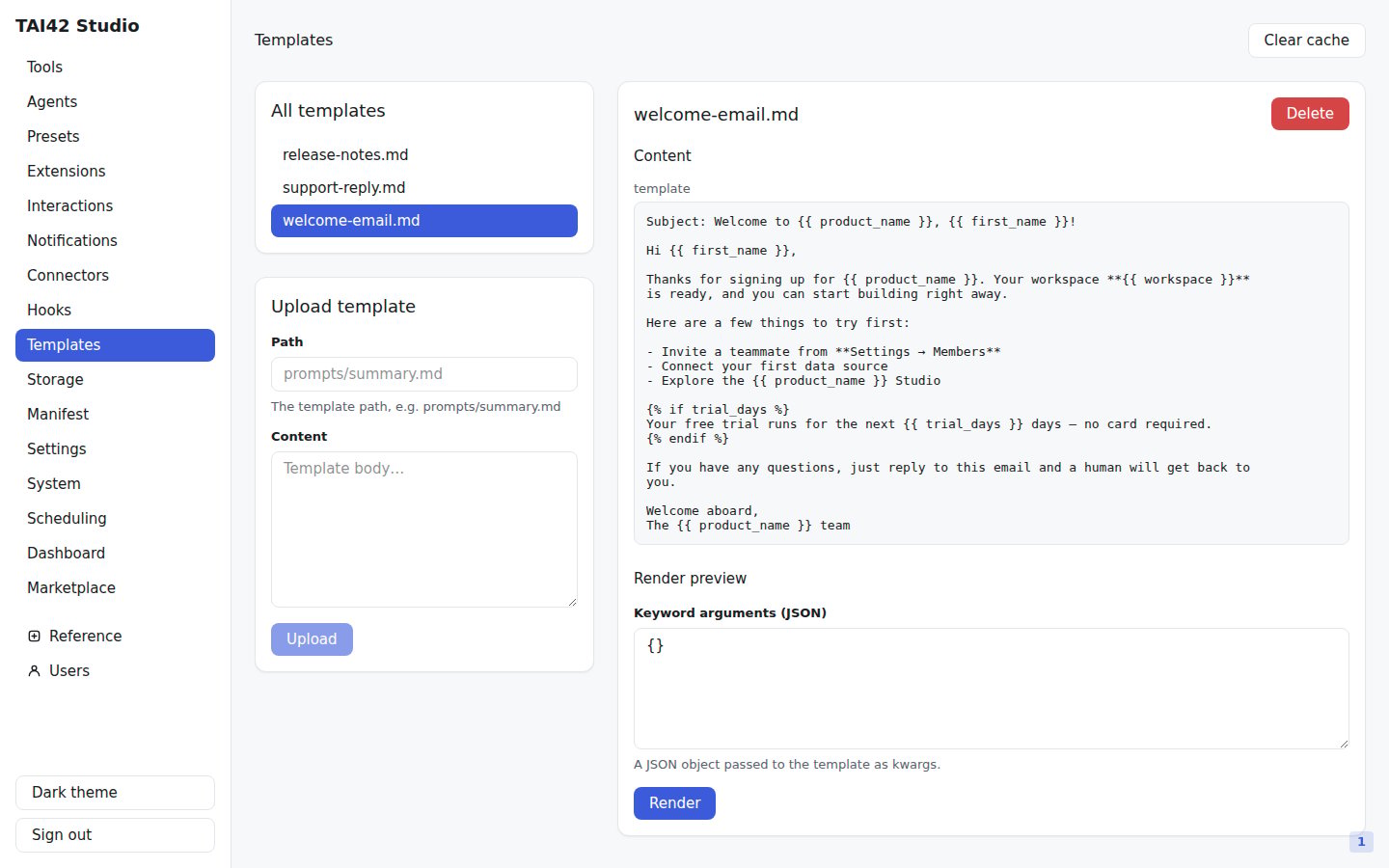 The Templates screen listing stored template resources.