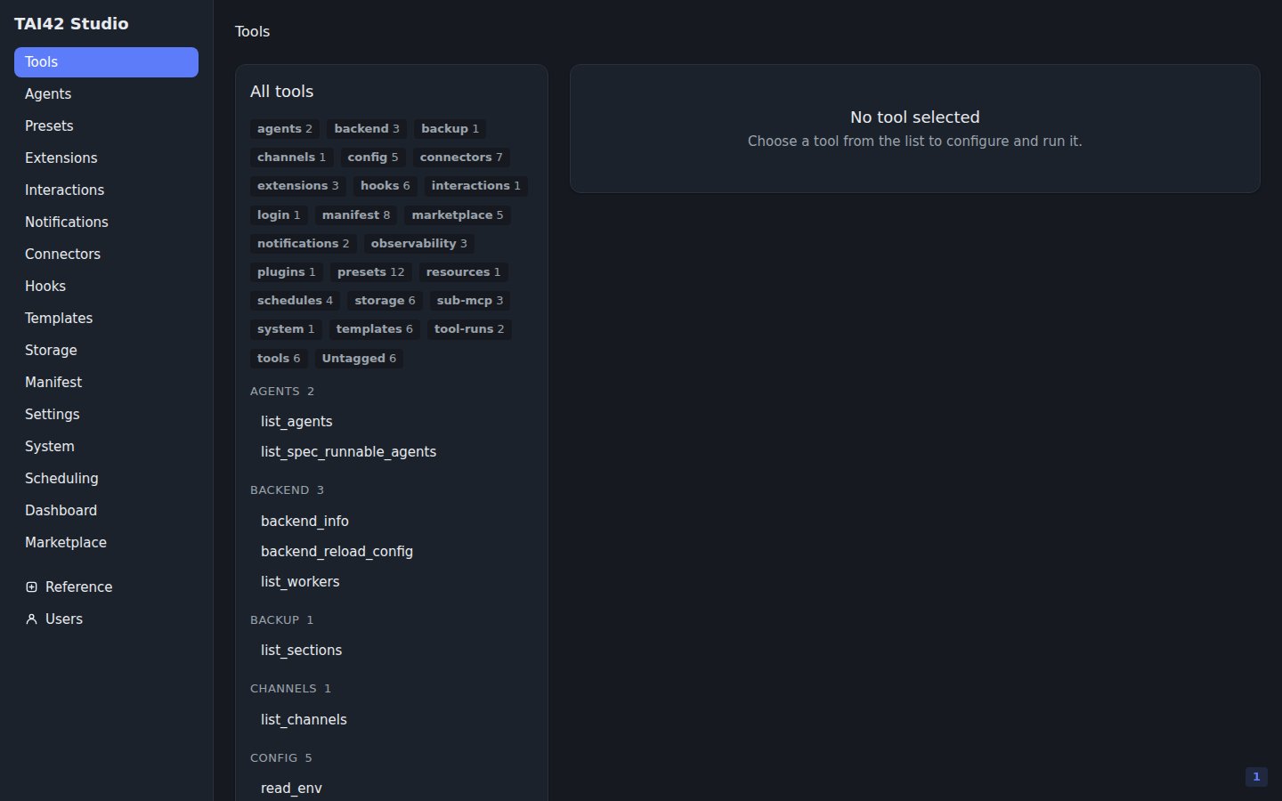 The Studio Tools screen listing the tools a server loaded.