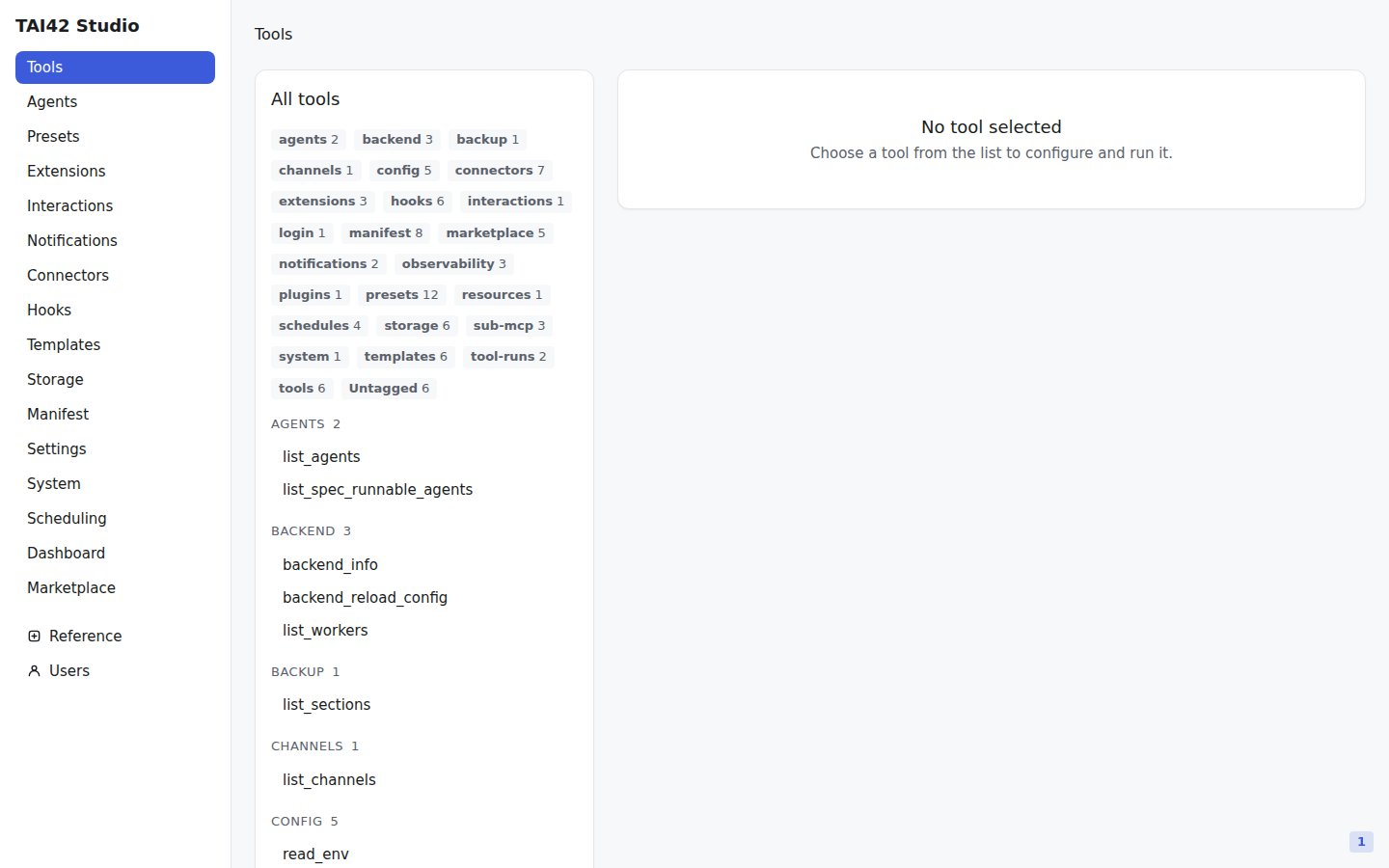The Studio Tools screen listing the tools a server loaded.