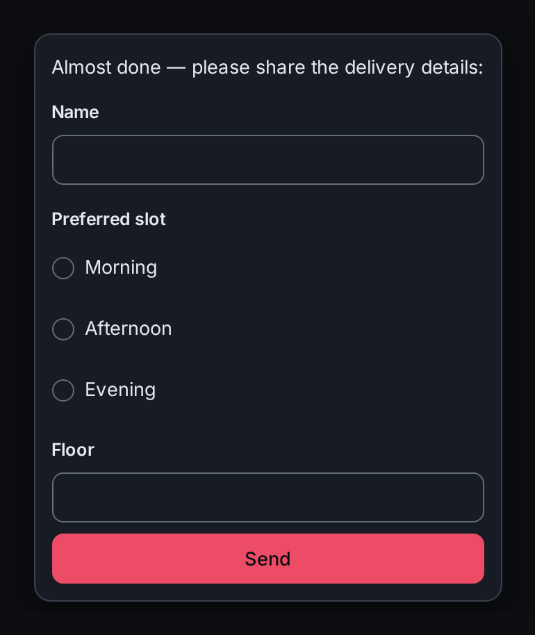 The web chat form card rendering a prompt and a schema-driven form with text, choice, and number fields above a send button, in the dark theme.