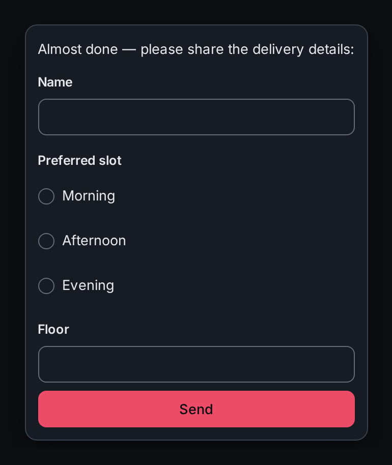 The web chat form card rendering a prompt and a schema-driven form with text, choice, and number fields above a send button, in the dark theme.