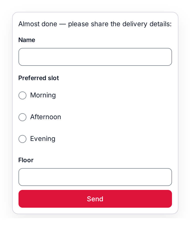 The web chat form card rendering a prompt and a schema-driven form with text, choice, and number fields above a send button.