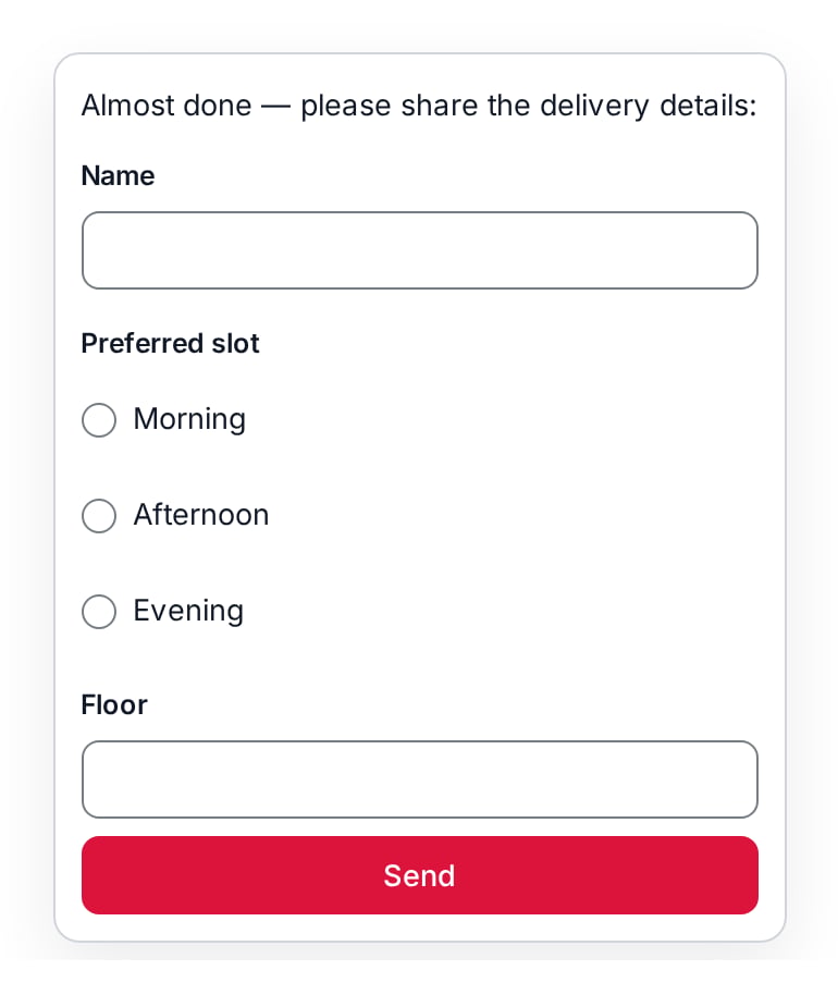 The web chat form card rendering a prompt and a schema-driven form with text, choice, and number fields above a send button.