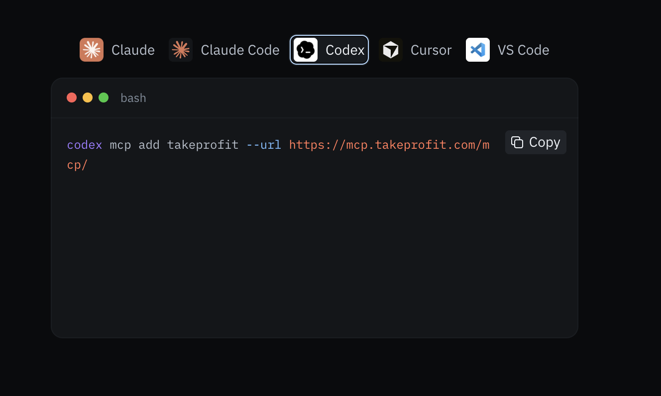 Connect the TakeProfit MCP server to Codex