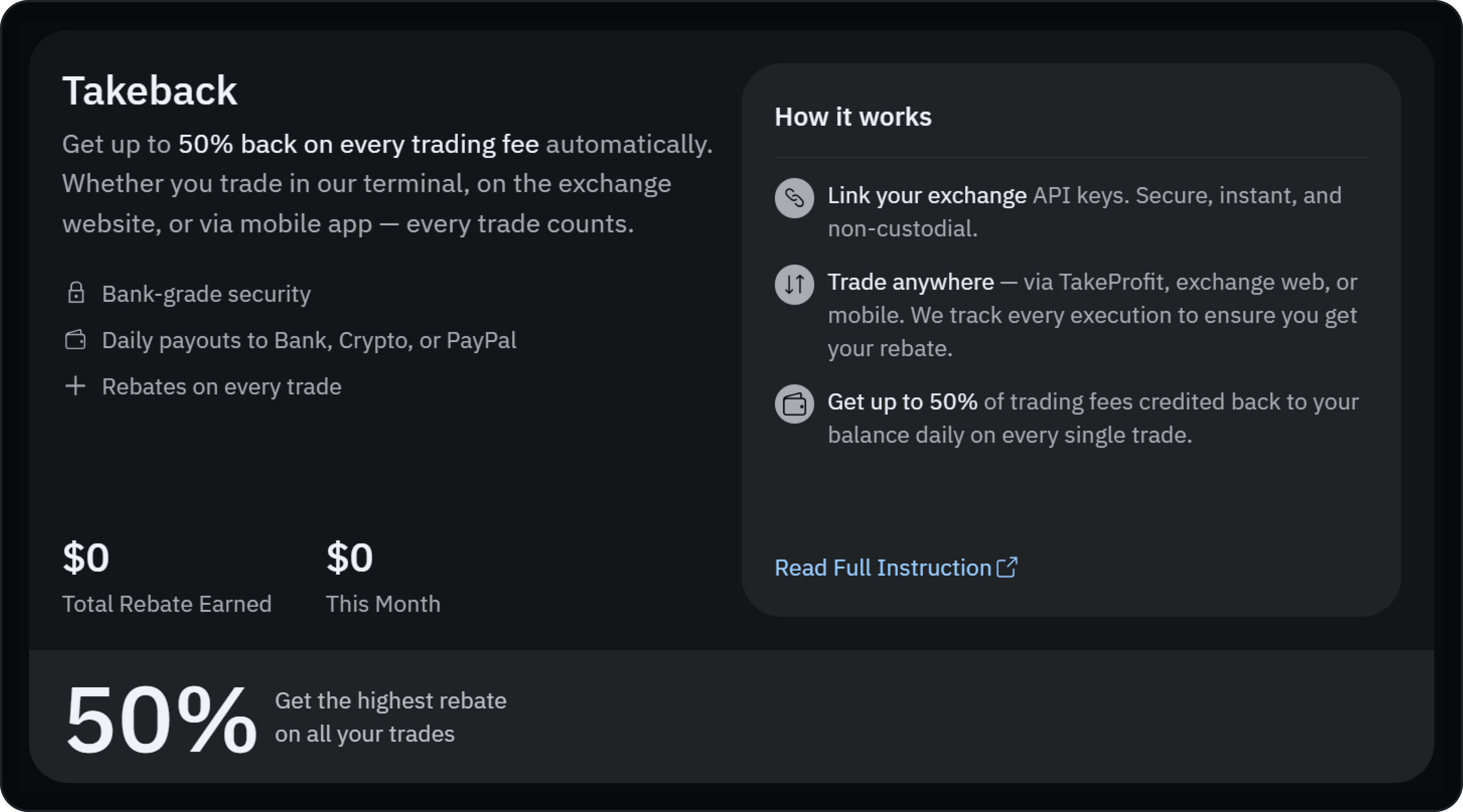TakeBack rate and Get 50% link in the Monetization Hub