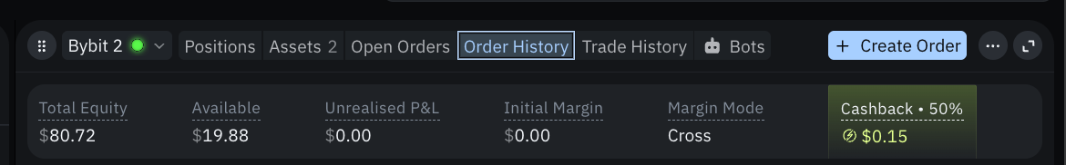 The Account widget showing a 50% Cashback rate and the cashback earned on that account