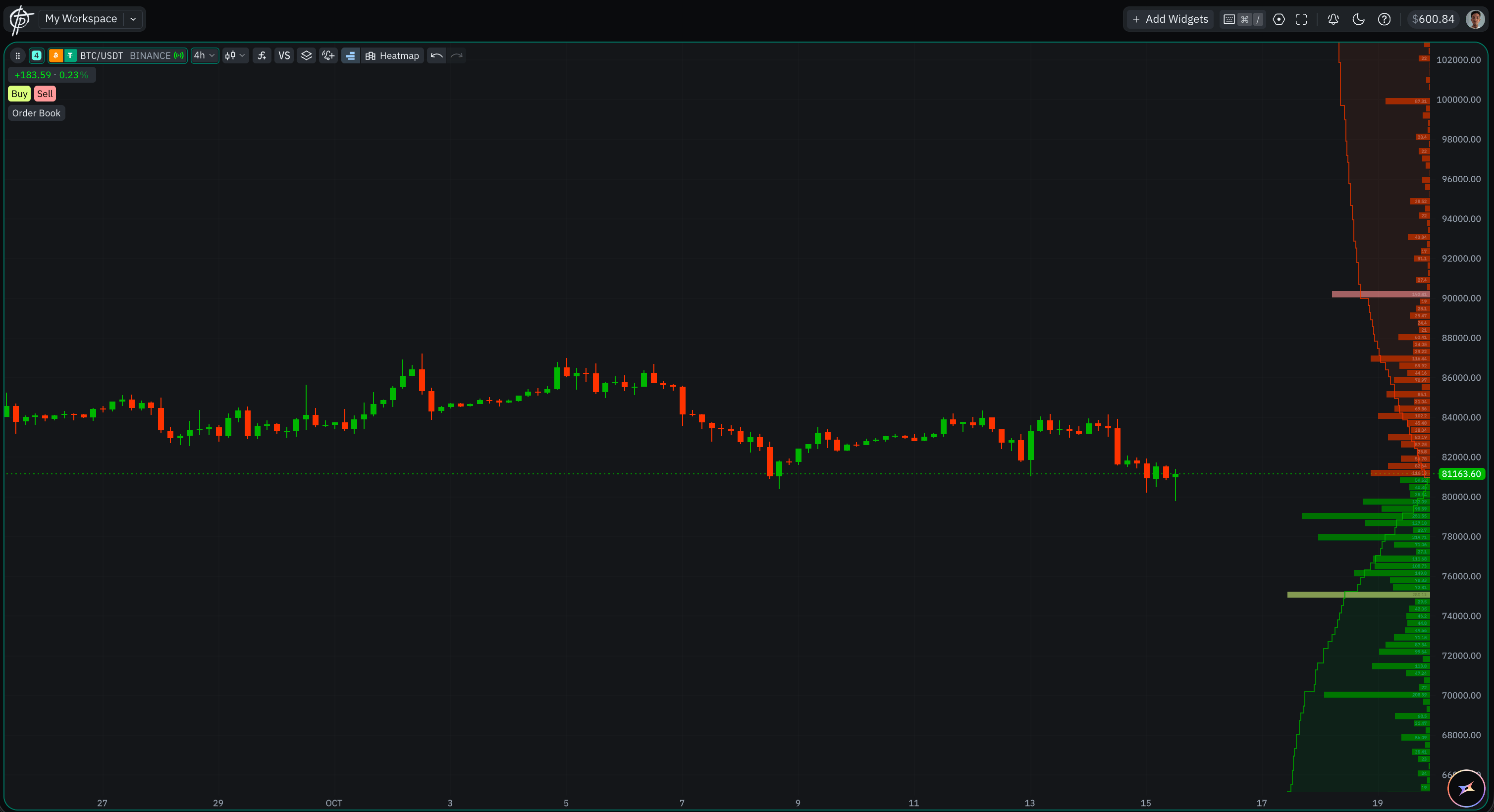 The Order Book Profile drawn beside price on a BTC/USDT chart