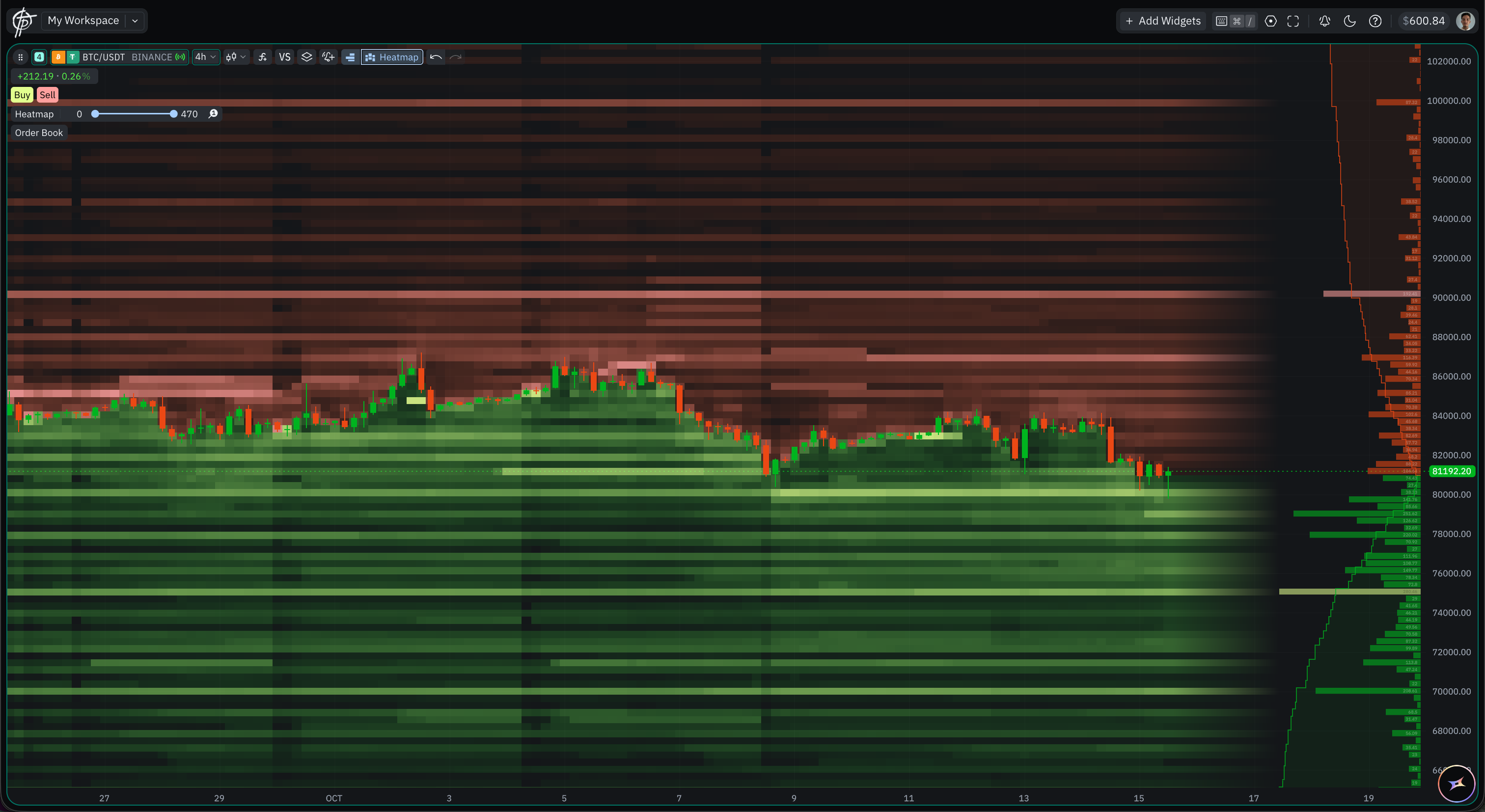The Order Book Profile and the Liquidity Heatmap on one chart, sharing the same colours