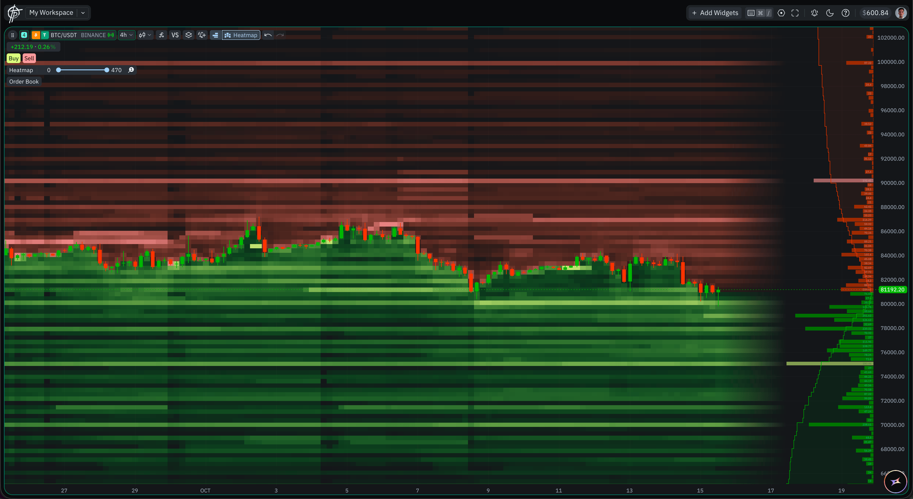 The Order Book Profile and the Liquidity Heatmap on one chart, sharing the same colours