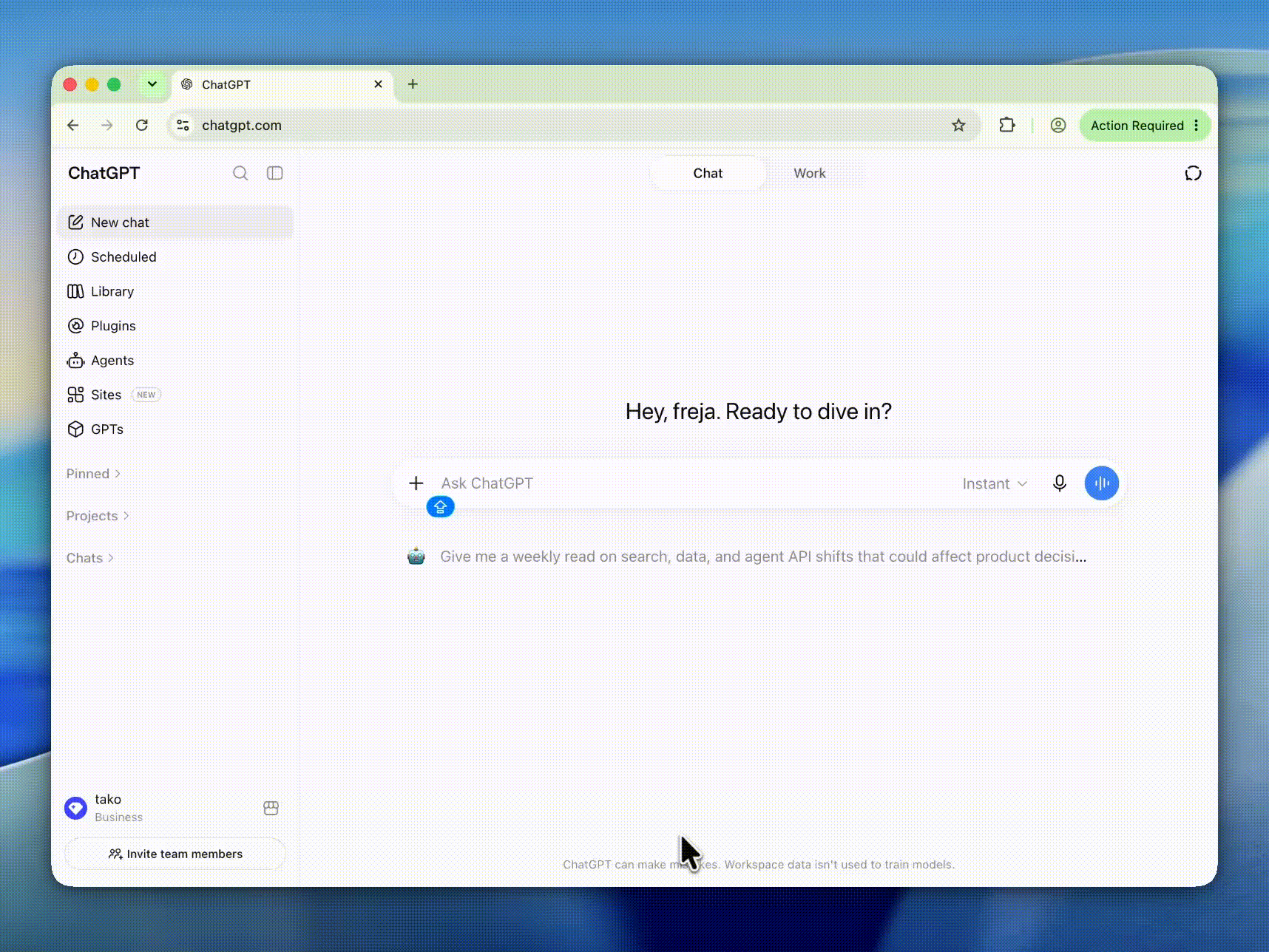 Installing the Tako plugin in ChatGPT, approving the Tako sign-in, and attaching Tako in a new chat