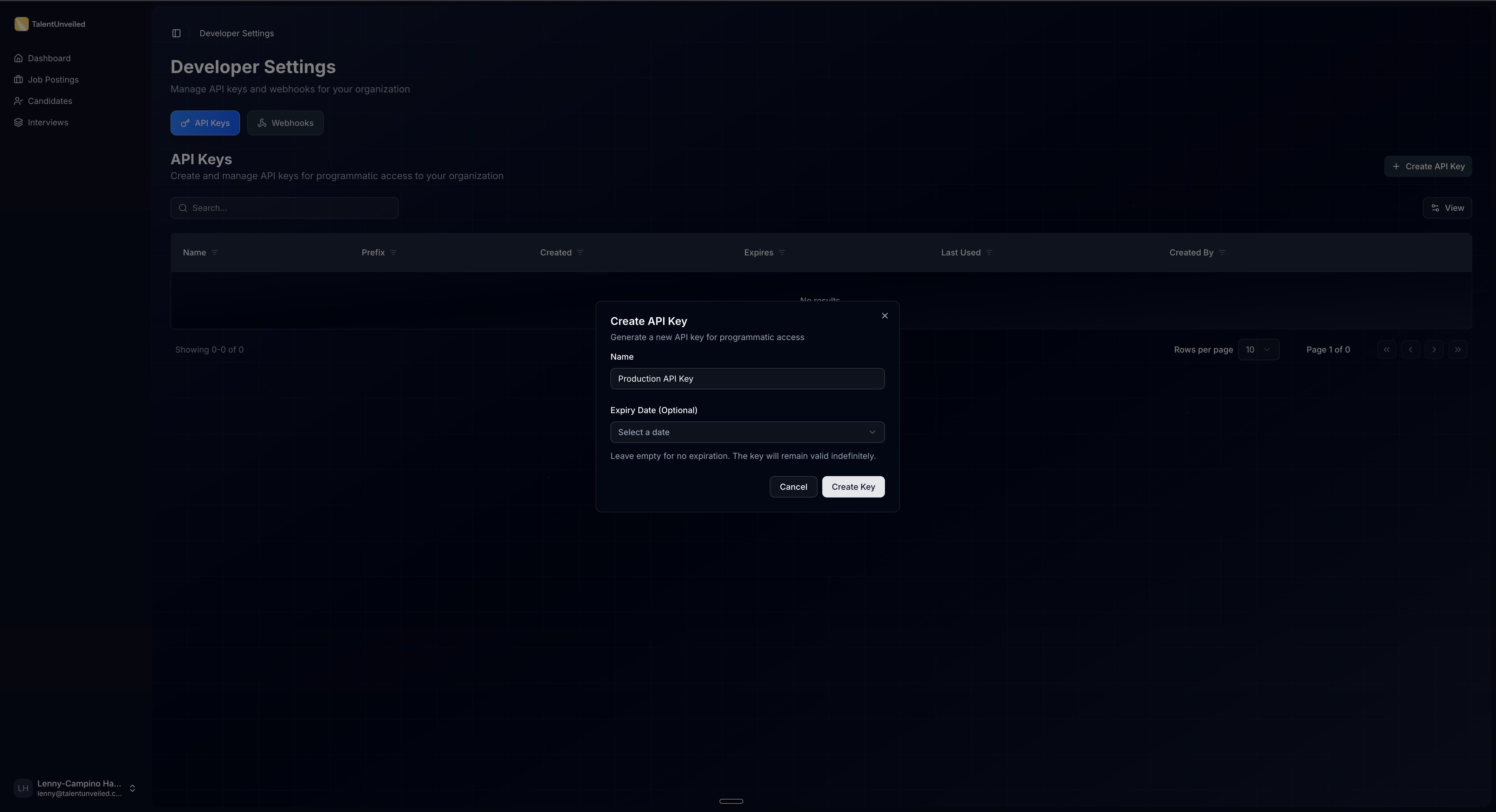 Create API Key dialog with Name and Expiry Date fields