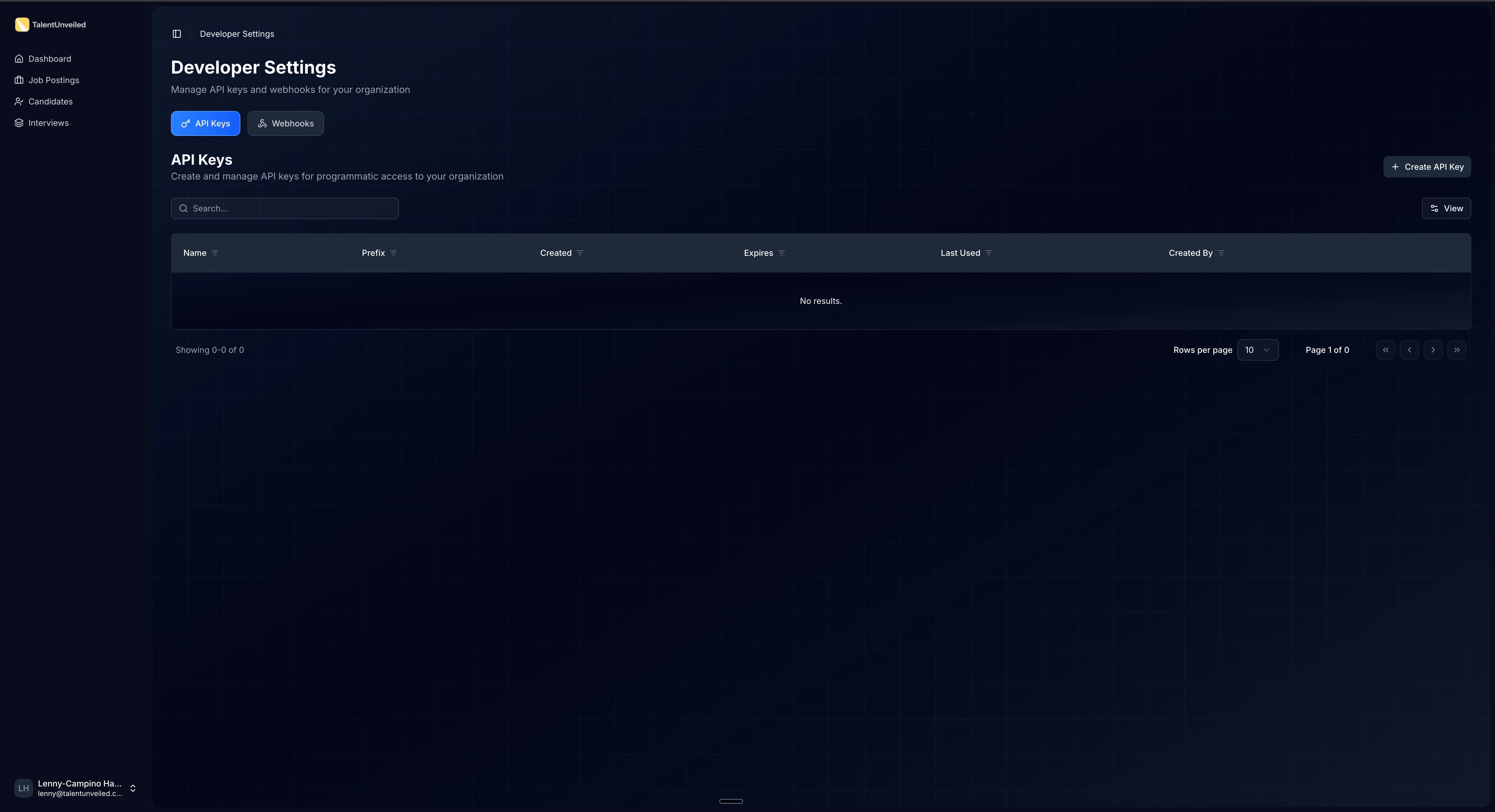 Developer Settings page with API Keys tab active