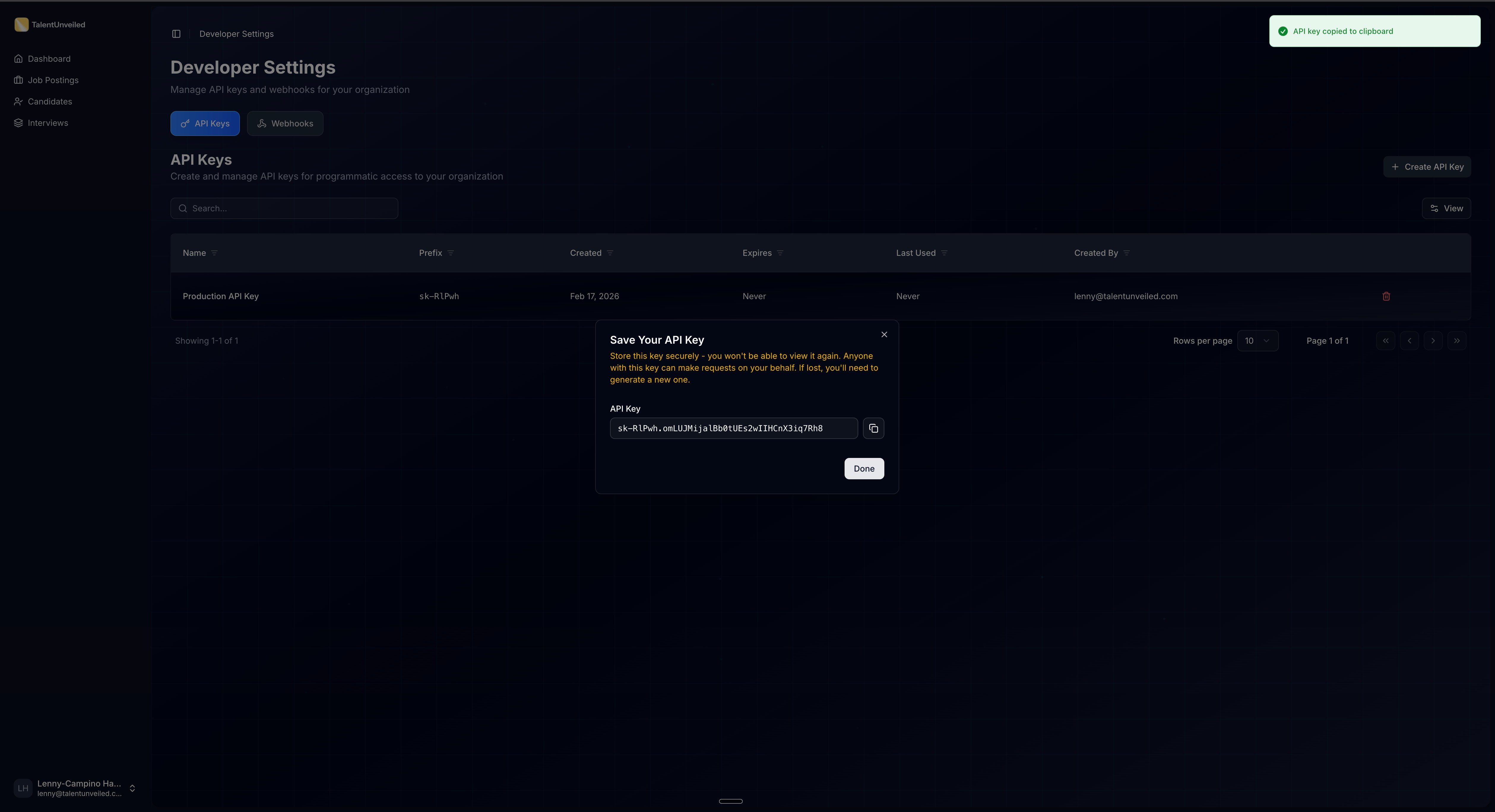 API key revealed dialog with copy button