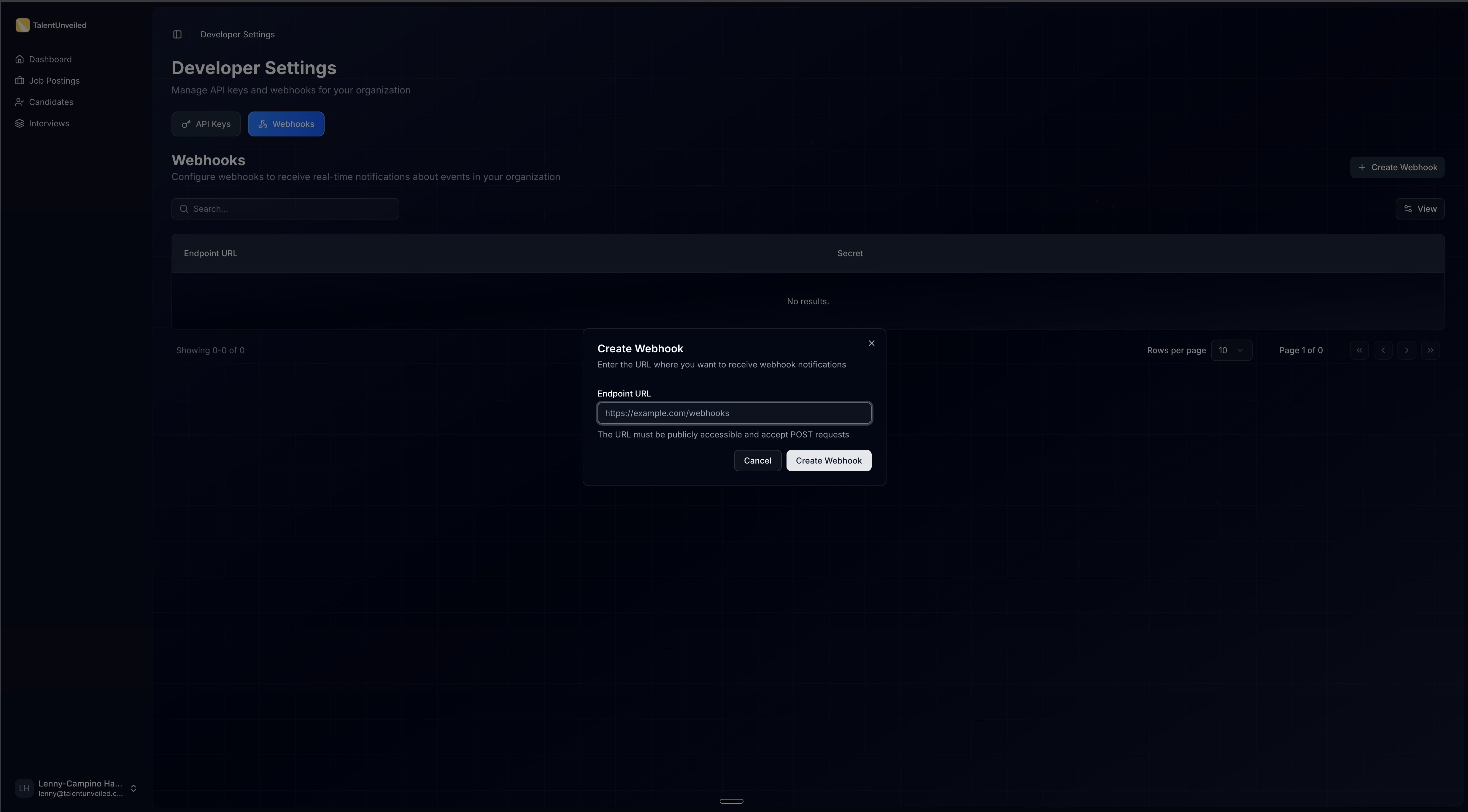 Create Webhook dialog with Endpoint URL field