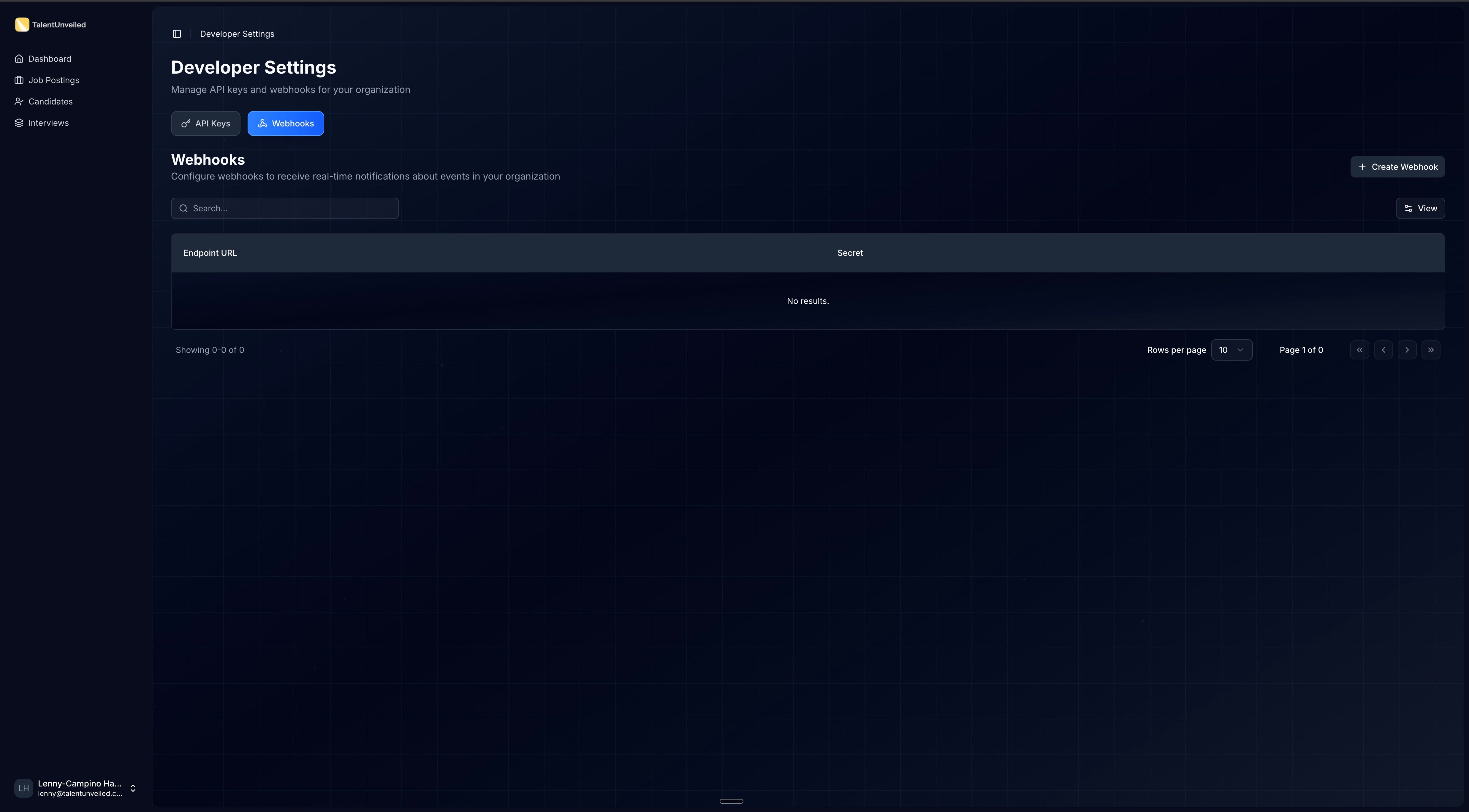 Developer Settings page with the Webhooks tab active